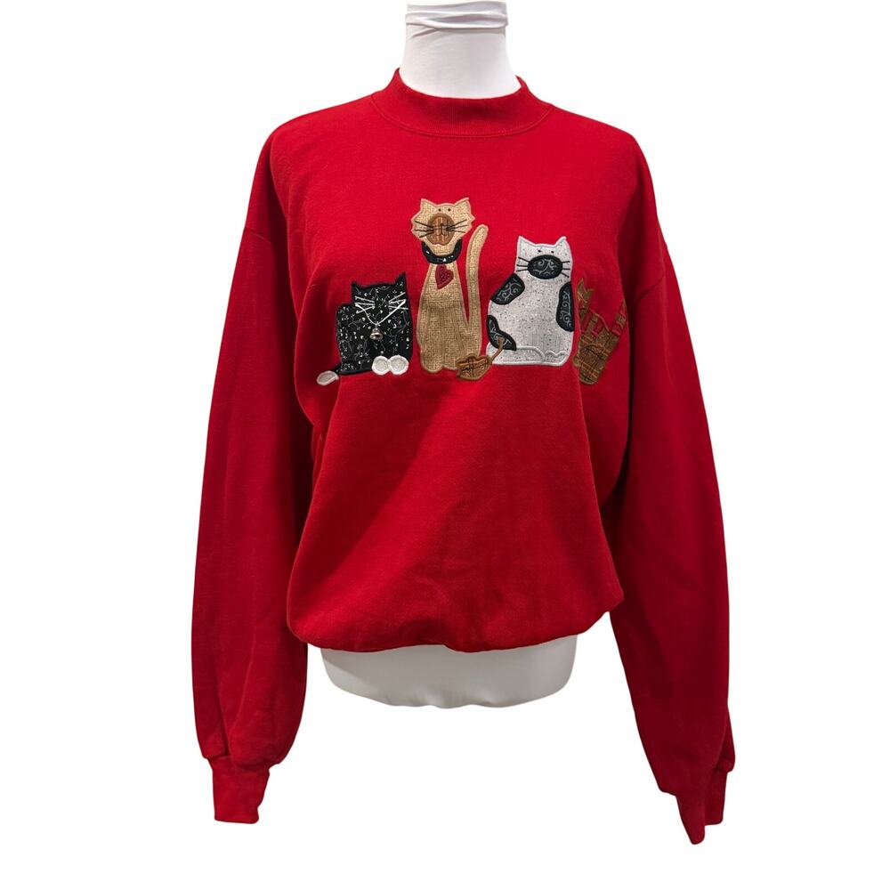 Vintage Orvis Cat Sweatshirt Red Novelty Crewneck Medium Embroidered Grandmacore